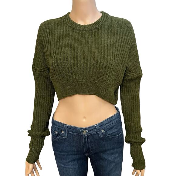 Urban Outfitters Sweaters - Urban Outfitters Cropped Ribbed Sweater XS Green Crew Neck Pullover Long Sleeve